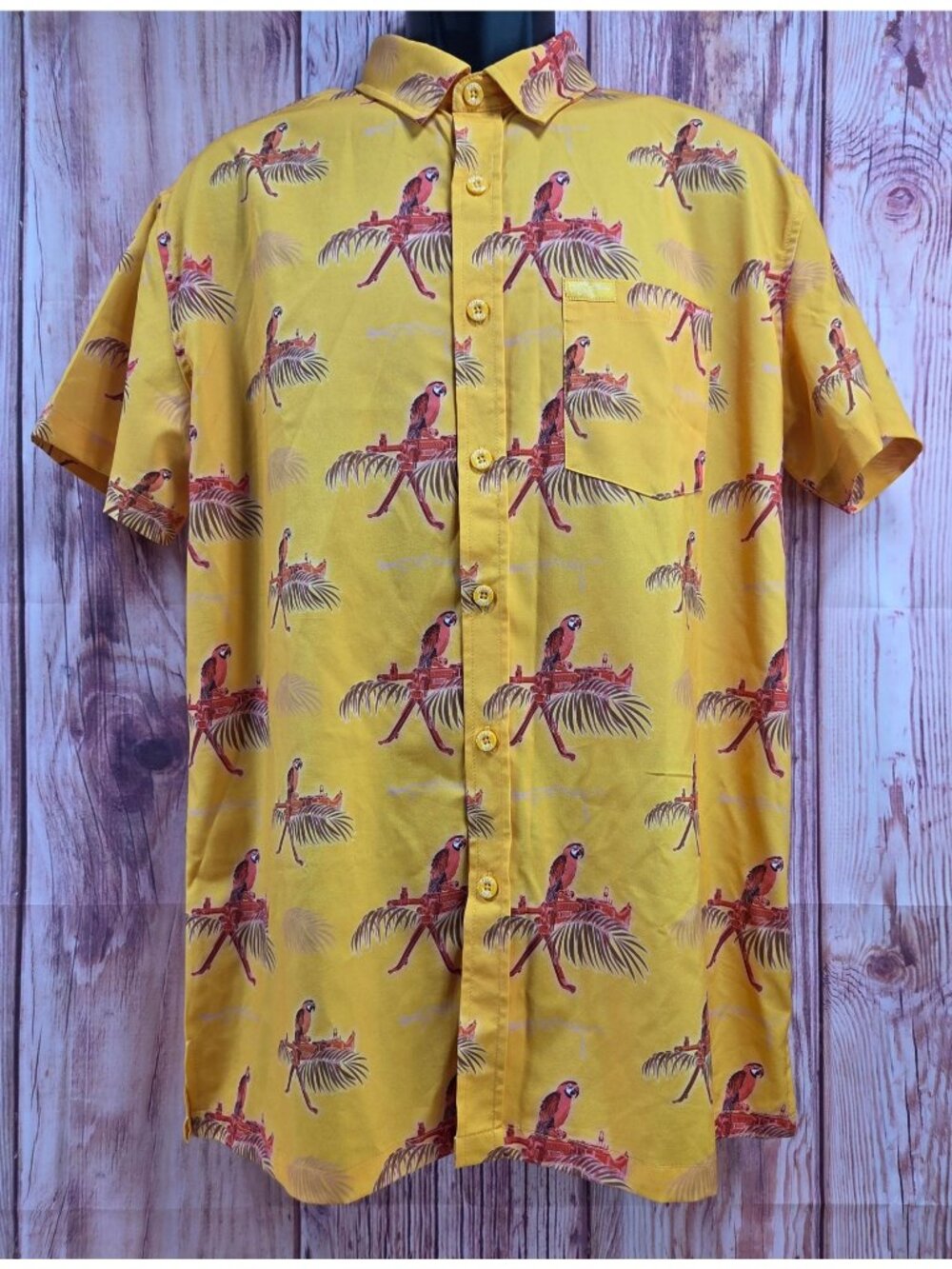 Retro Rifle Saws & Macaws Yellow Short-Sleeve Shirt Large Parrot Print